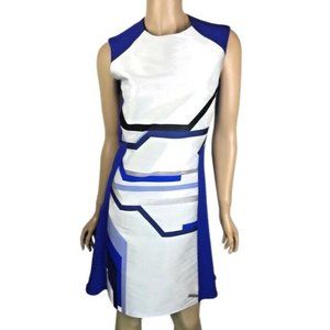 Ostwald Helgason New Size 4 Jacquard & Crepe Paneled Dress White Blue Gray $775